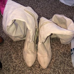 Foldable faux fur cream high-heeled over-the-knee boots